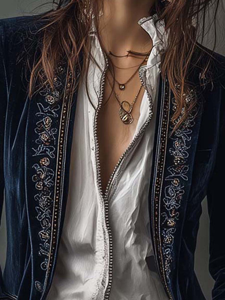 Erica | Long Vintage Velvet Jacket with Embroidery