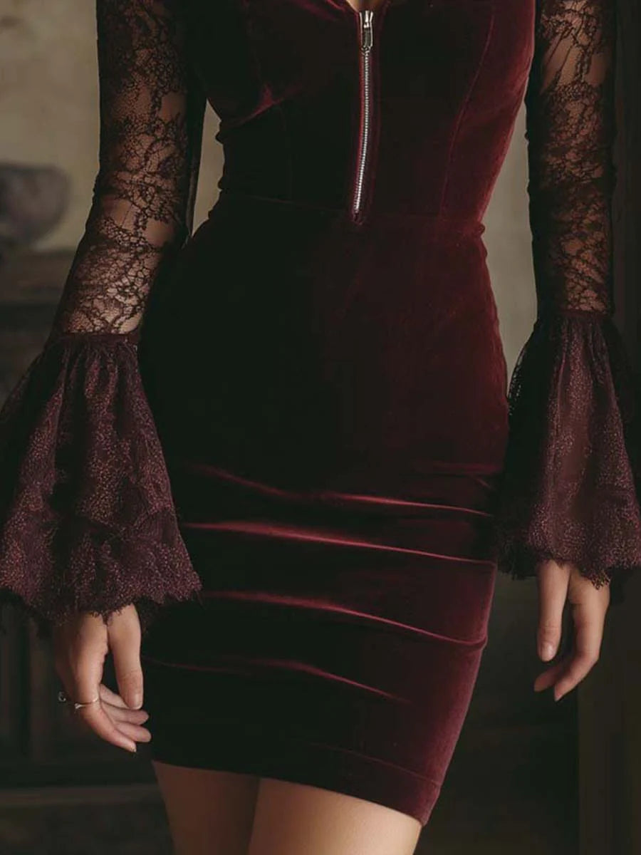TAMSIN VELVET & LACE BODYCON MINI DRESS IN BORDEAUX