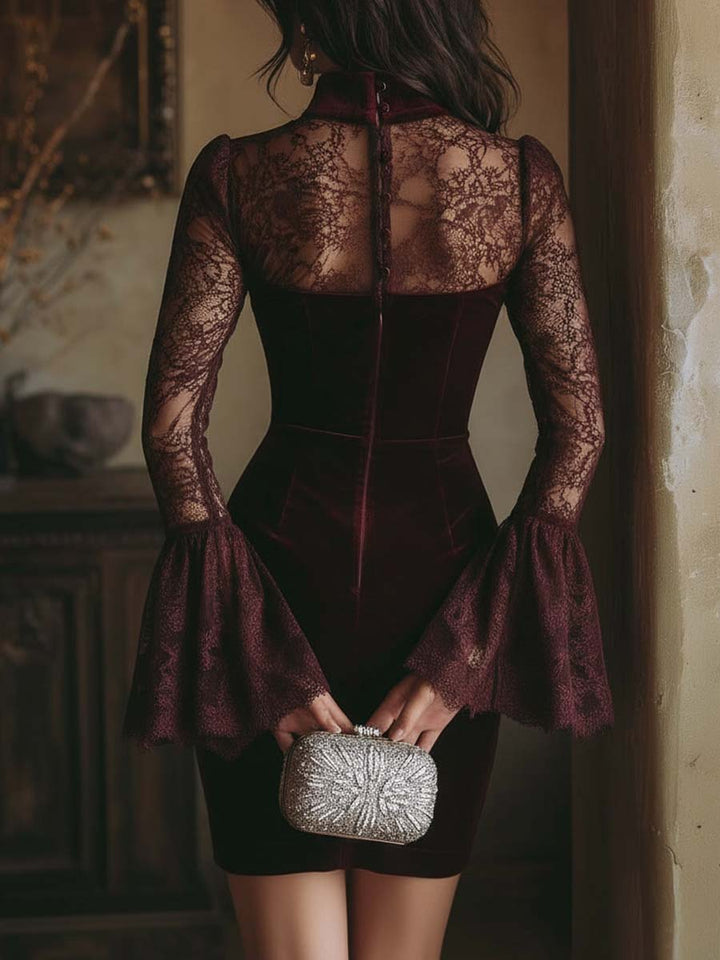 TAMSIN VELVET & LACE BODYCON MINI DRESS IN BORDEAUX