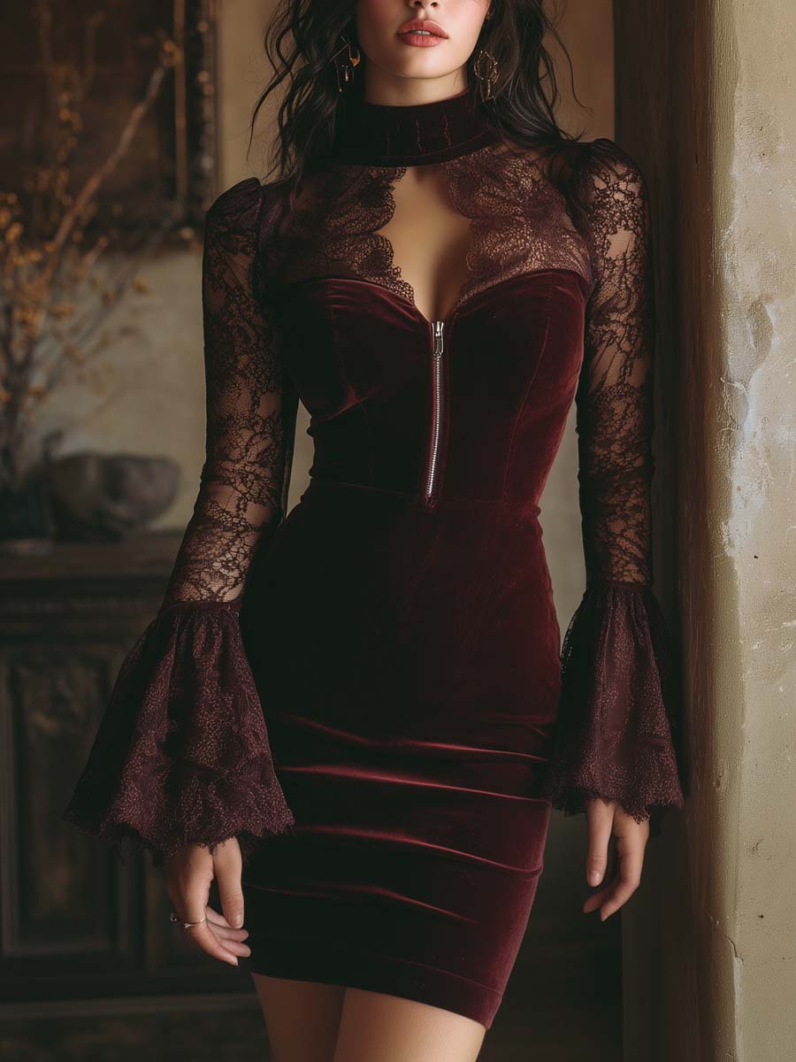 TAMSIN VELVET & LACE BODYCON MINI DRESS IN BORDEAUX