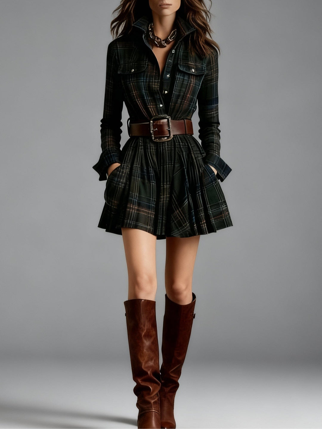 ZINNIA VINTAGE LAPEL RED AND BROWN PLAID MINI DRESS (INCLUDES BELT)